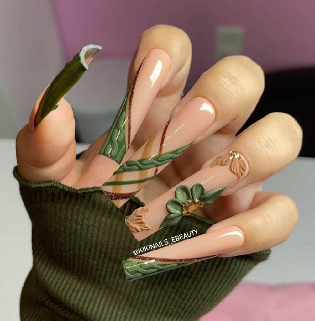 coffin olive green nails