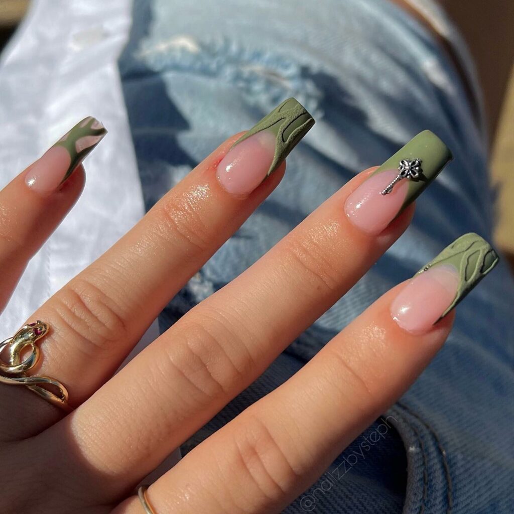 coffin olive green nails