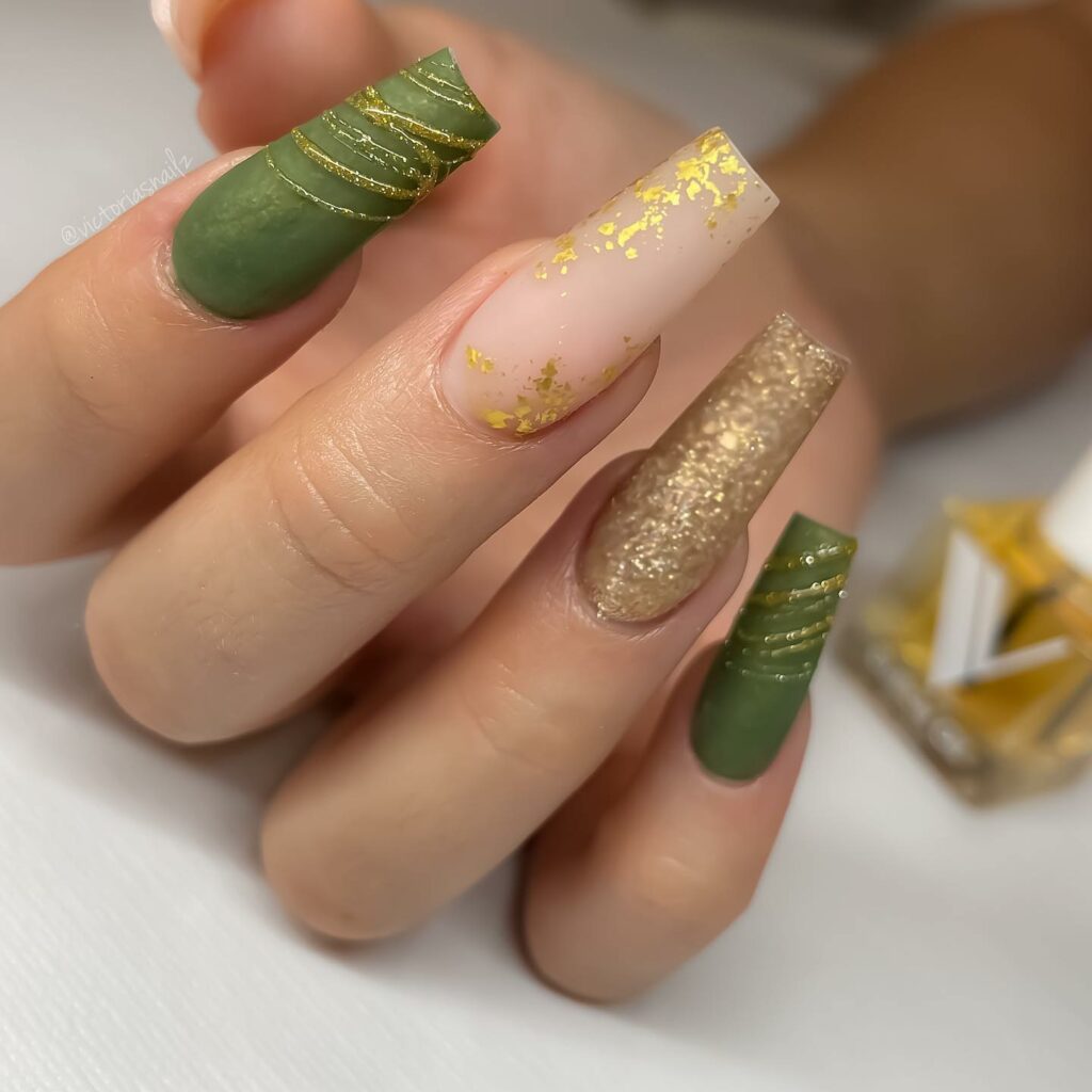 coffin olive green nails