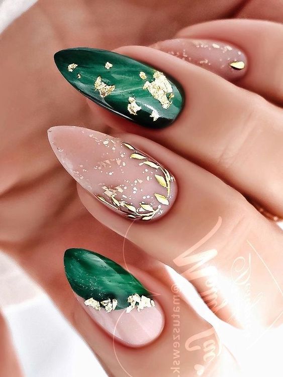 Emerald Green and Gold Nails