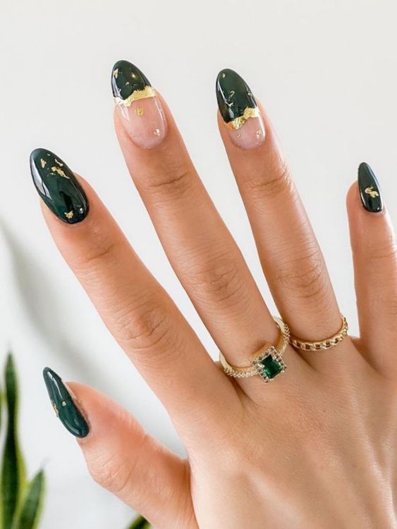 Emerald Green and Gold Nails