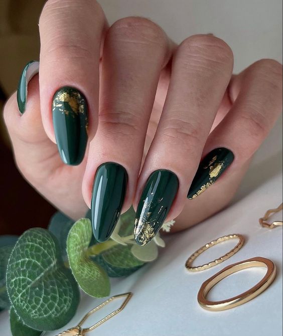 Emerald Green and Gold Nails