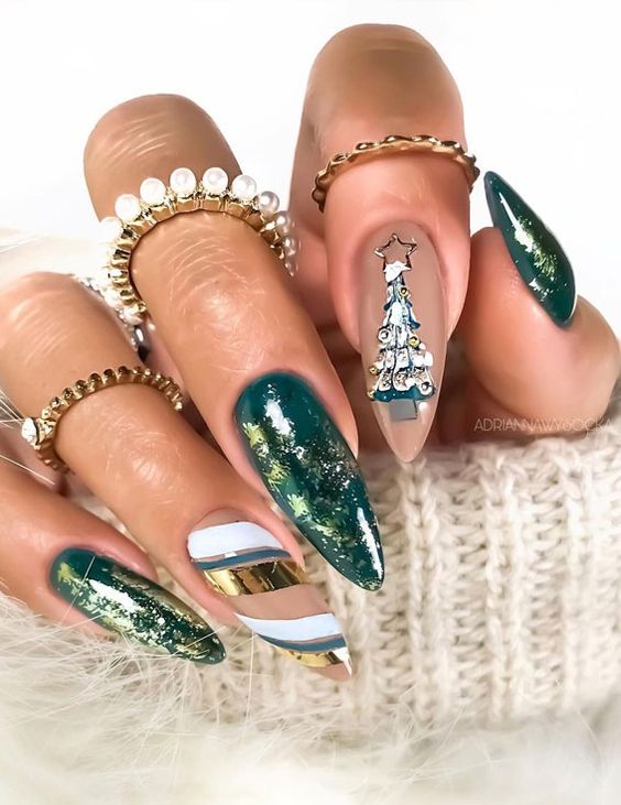 Green and Gold Christmas Nails