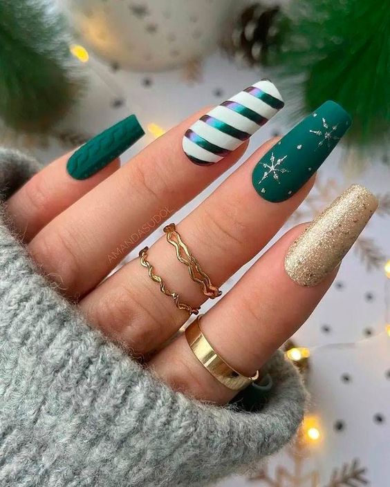 Green and Gold Christmas Nails