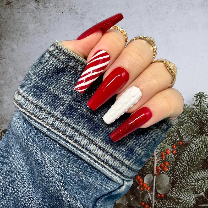 Festive Red and White Christmas Nails