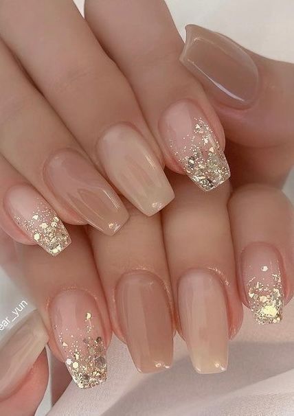 beige nails with glitter
