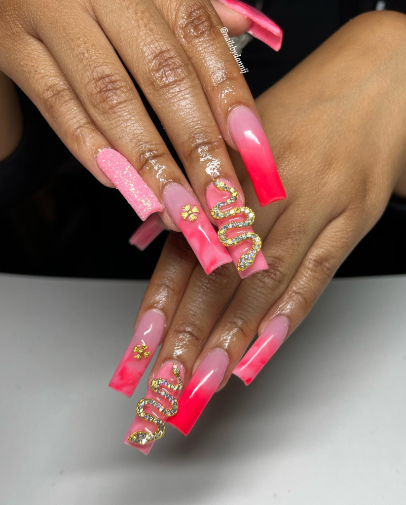 Coffin Pink Marble Nails