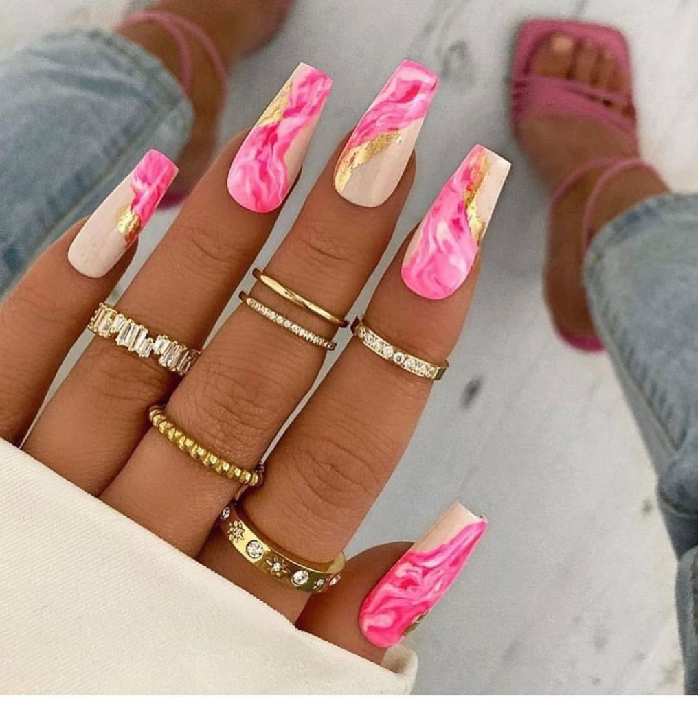 Coffin Pink Marble Nails