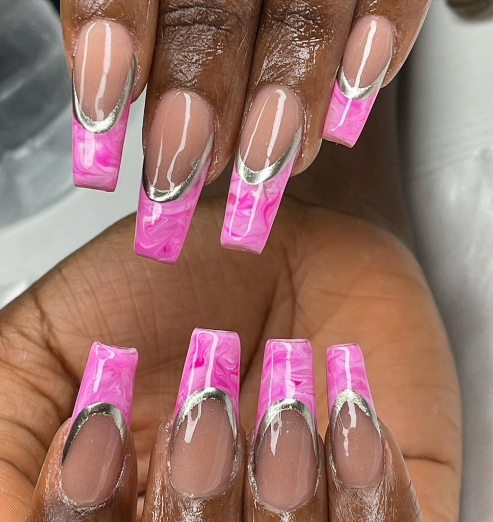 Pink Marble French Tip Nails