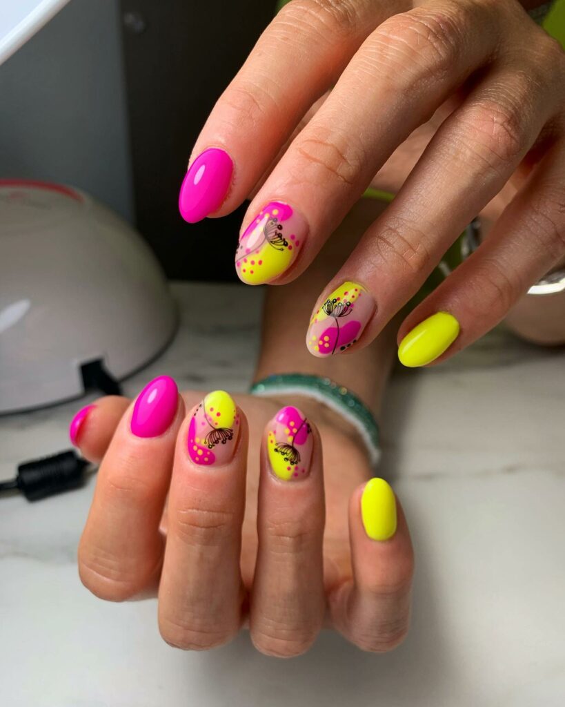 Neon Pink and Yellow Nails