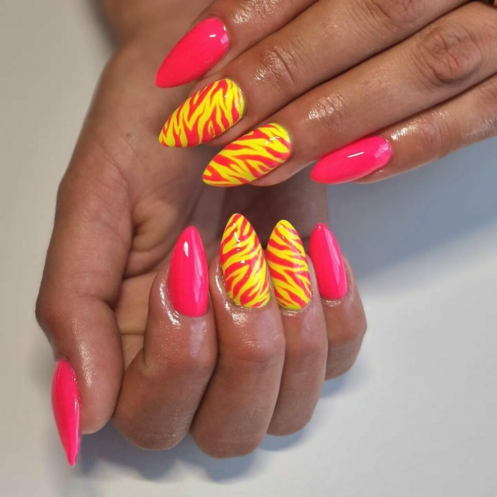 Neon Pink and Yellow Nails