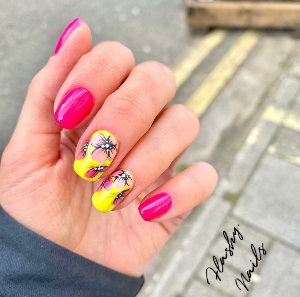 Neon Pink and Yellow Nails