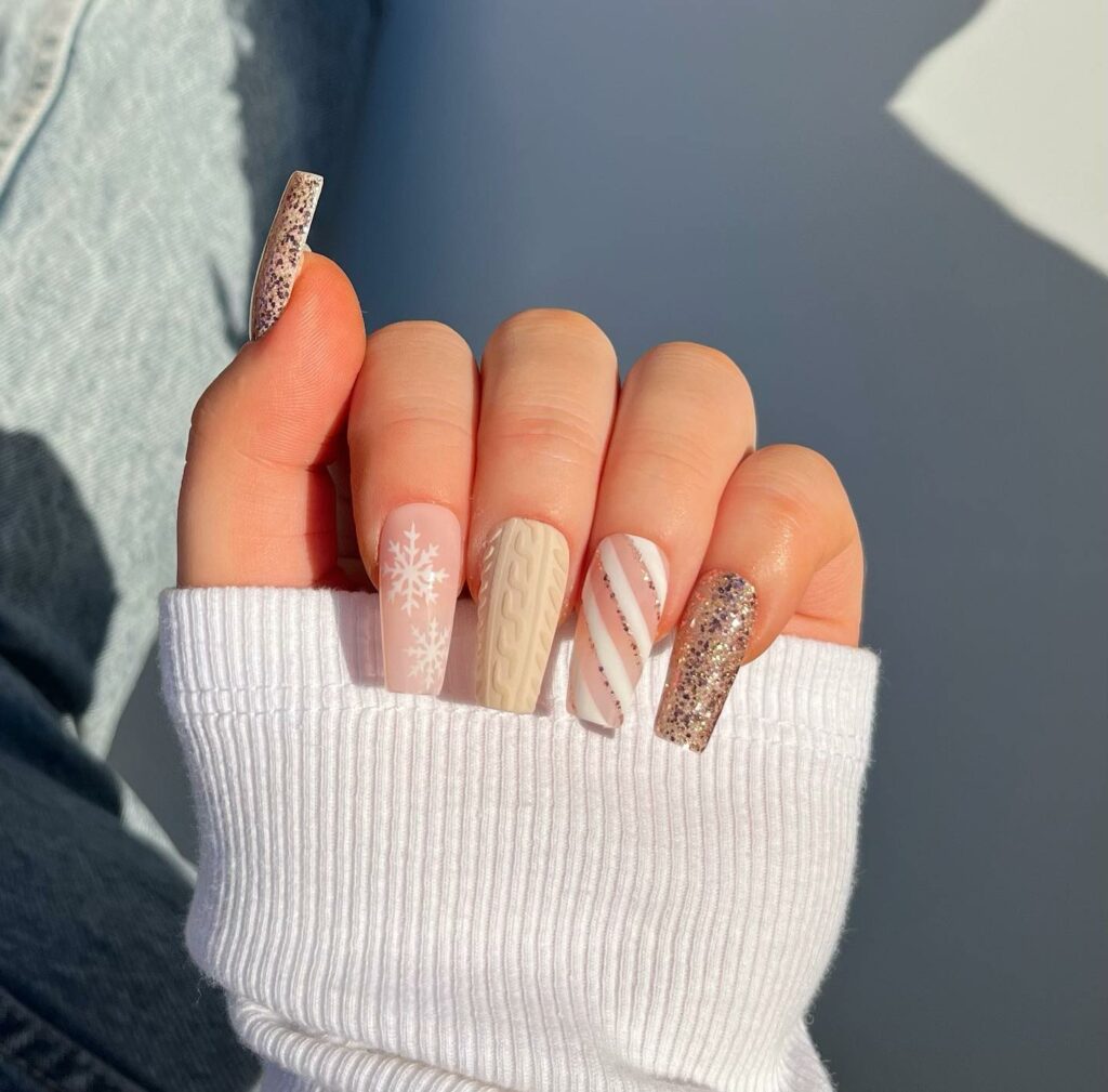 Nude and White Christmas Nails