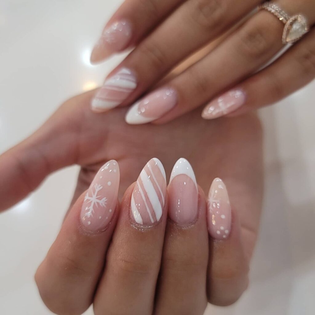 Nude and White Christmas Nails