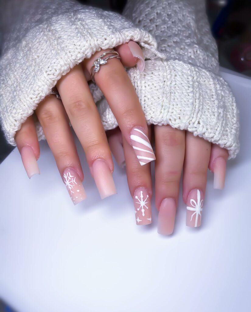 Nude and White Christmas Nails