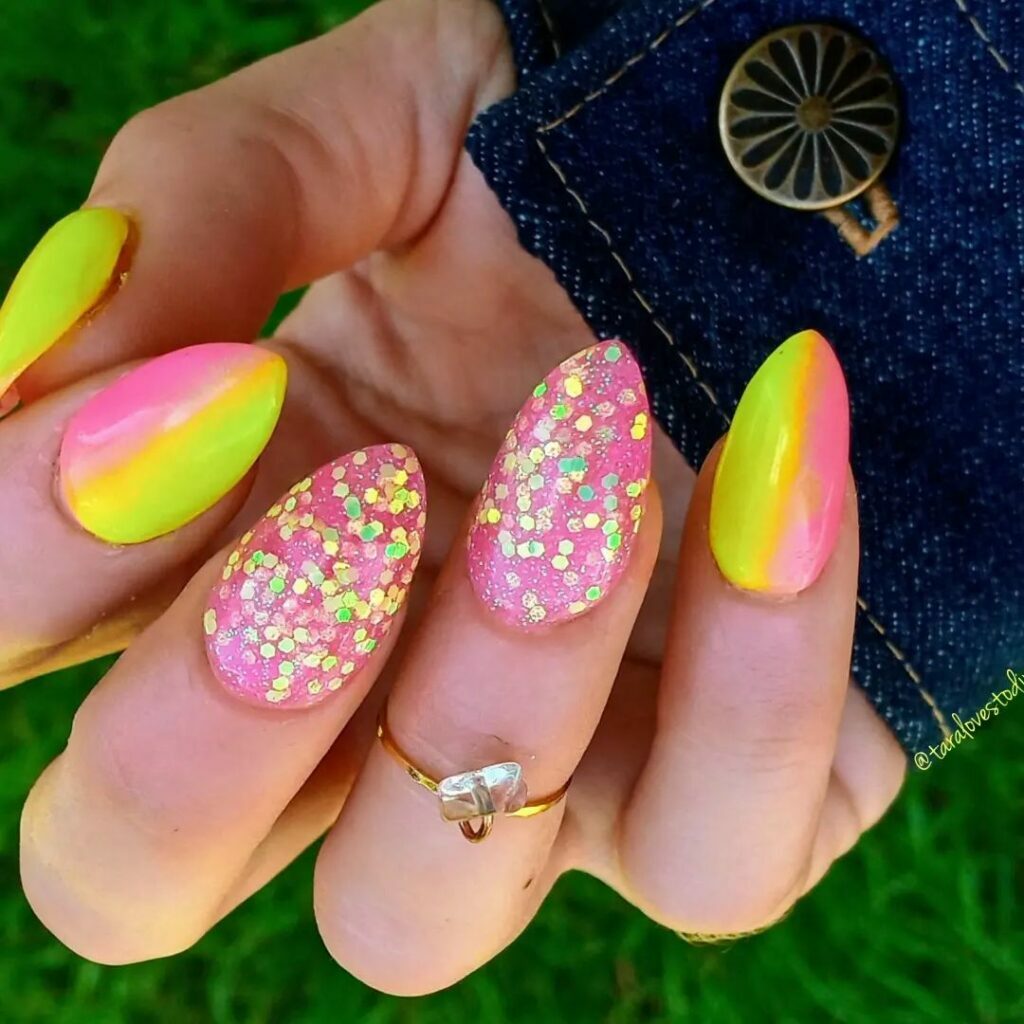 Neon Pink and Yellow Nails