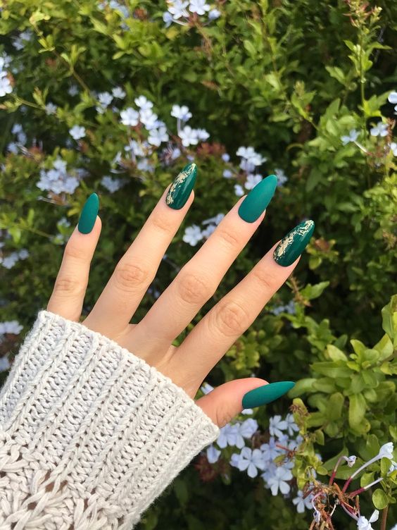 Emerald Green Nails with Gold