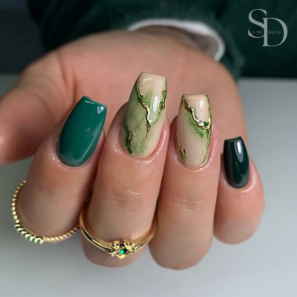 Emerald Green Nails with Gold