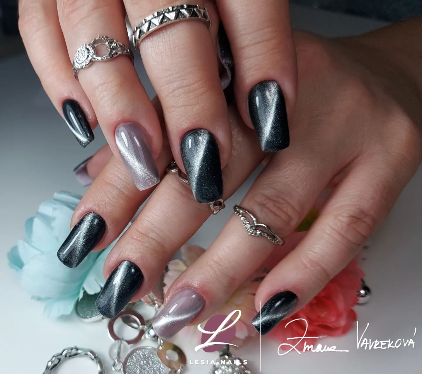 black and silver nails