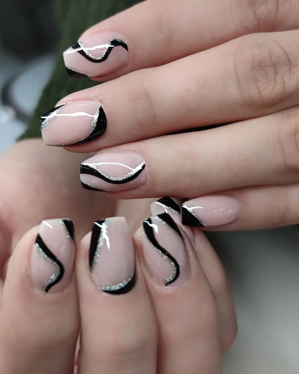 black and silver nails