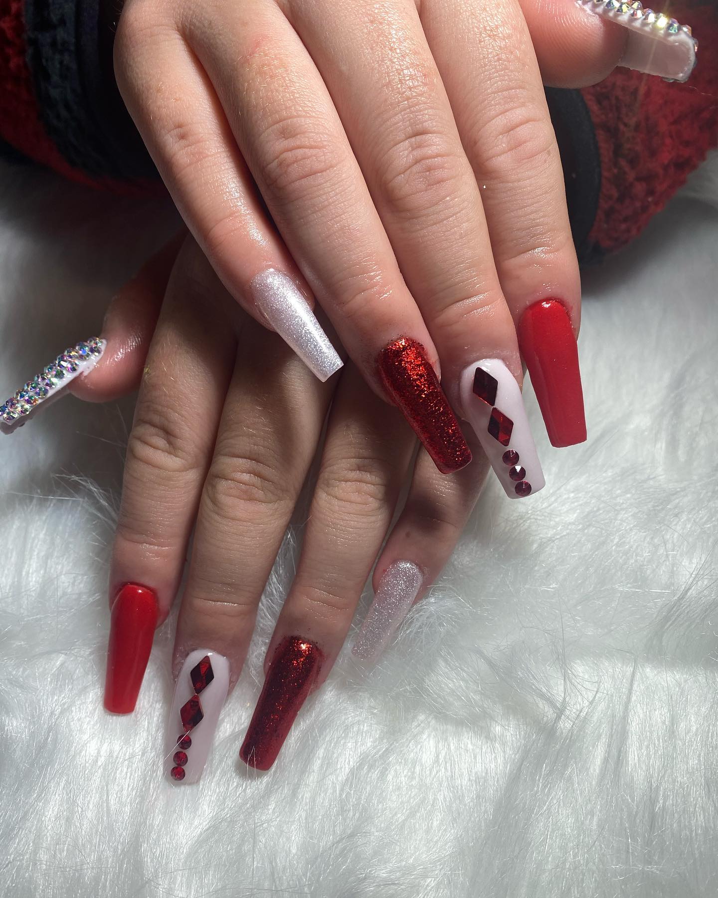 coffin red and white nails