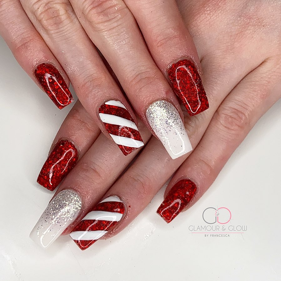 coffin red and white nails