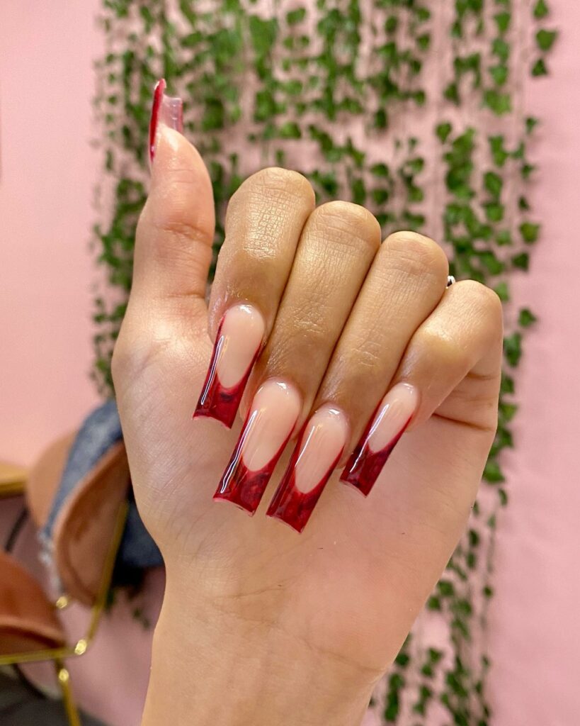 dark red French tip nails