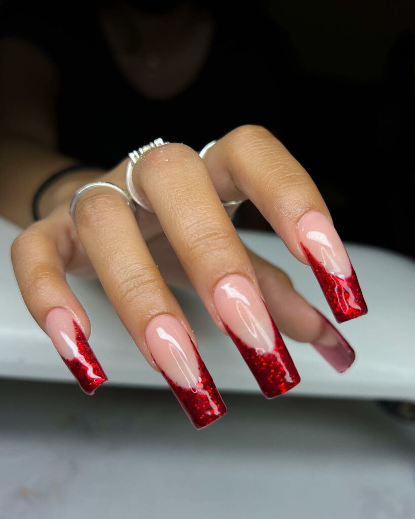 dark red French tip nails