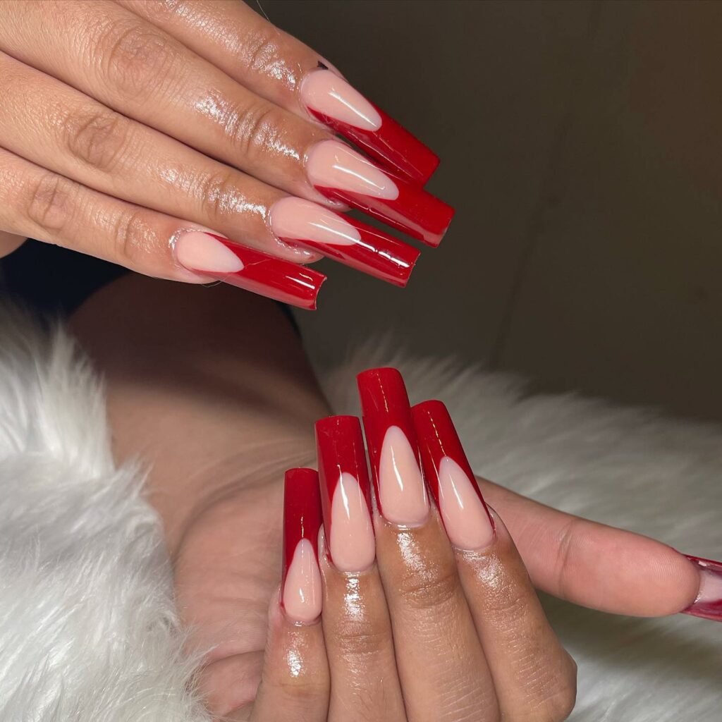 dark red French tip nails