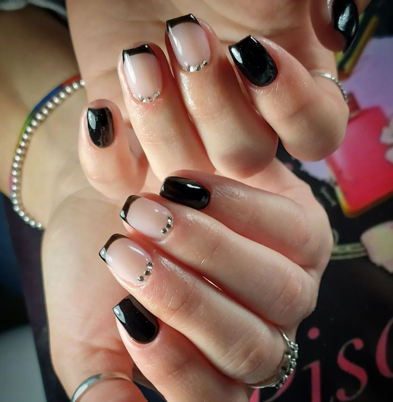 french tip nails with gems
