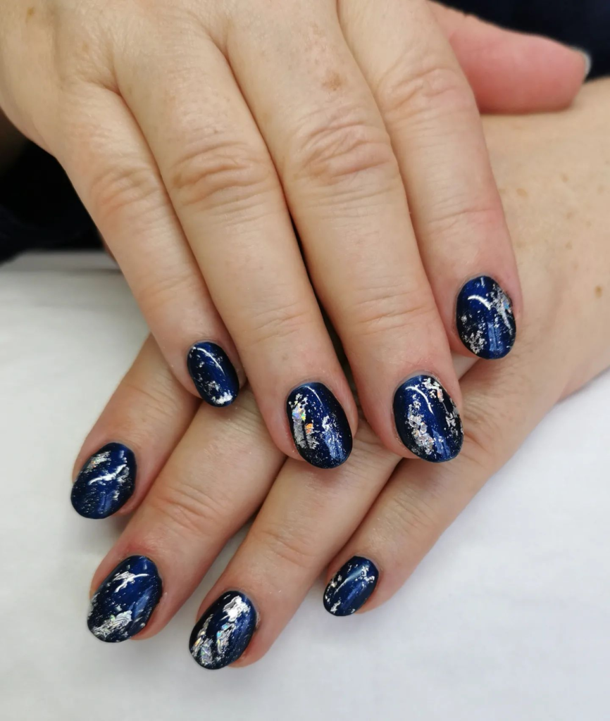 Navy Blue and Silver Nails