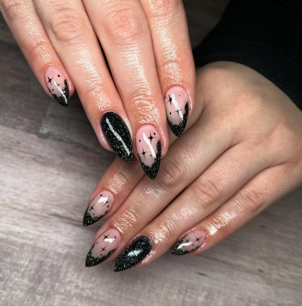 Black Almond Nails with Glitter