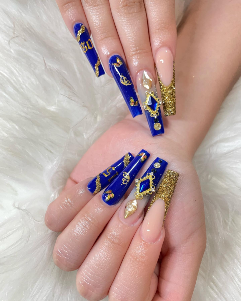 Navy Blue and Gold Nails