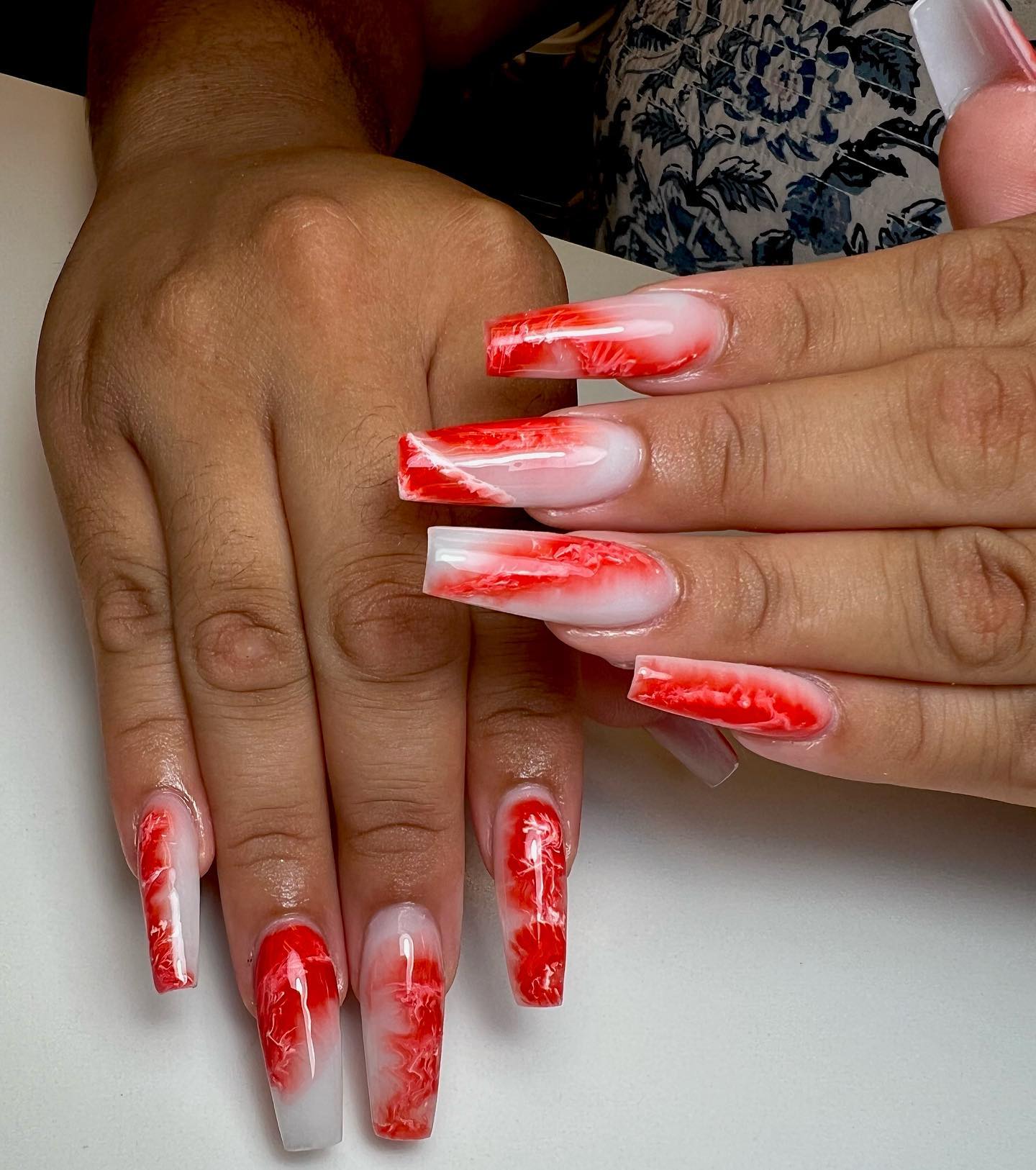 red and white marble nails
