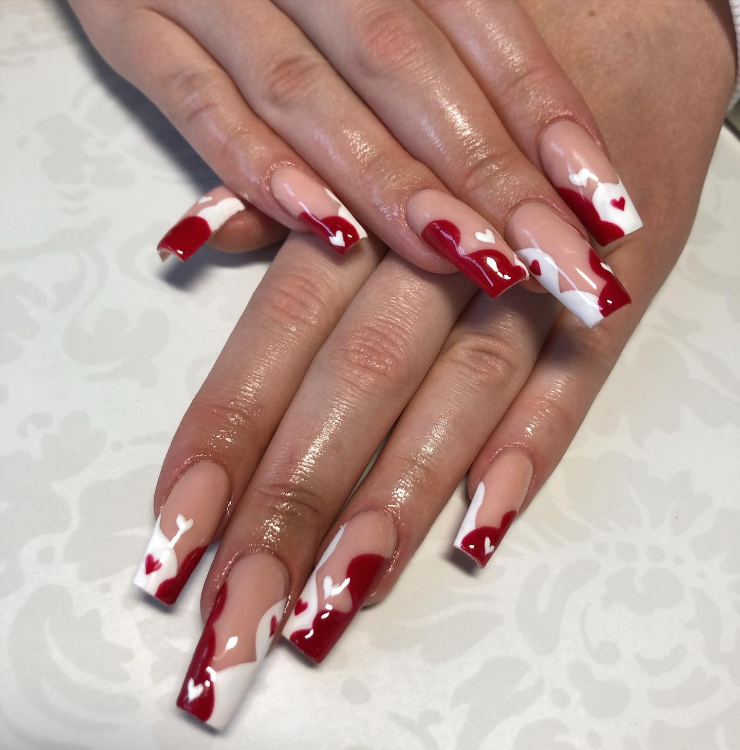 coffin red and white nails