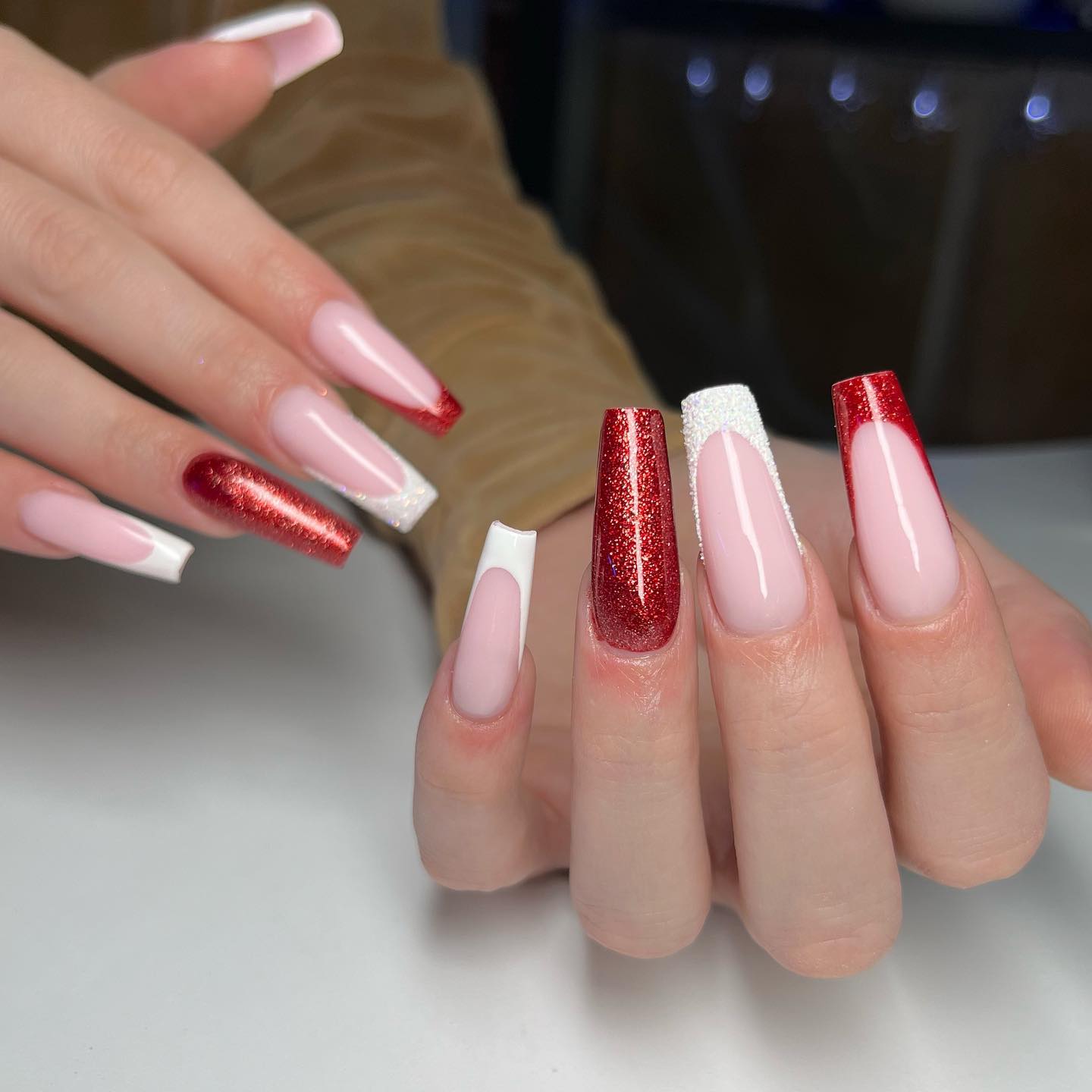 coffin red and white nails