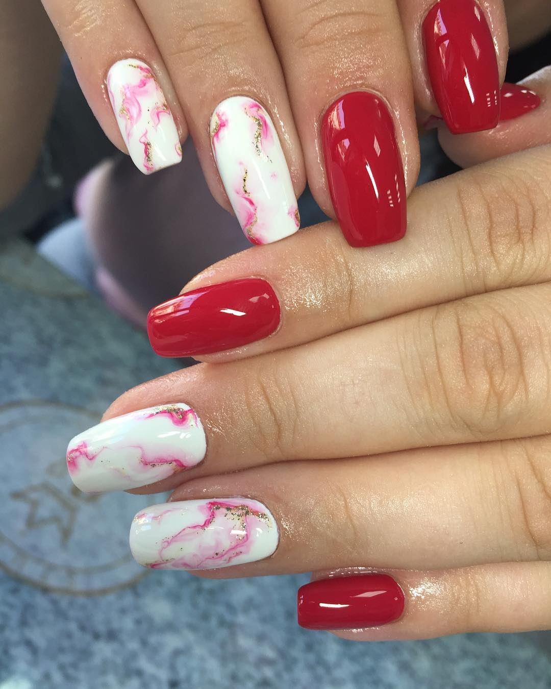 coffin red and white nails