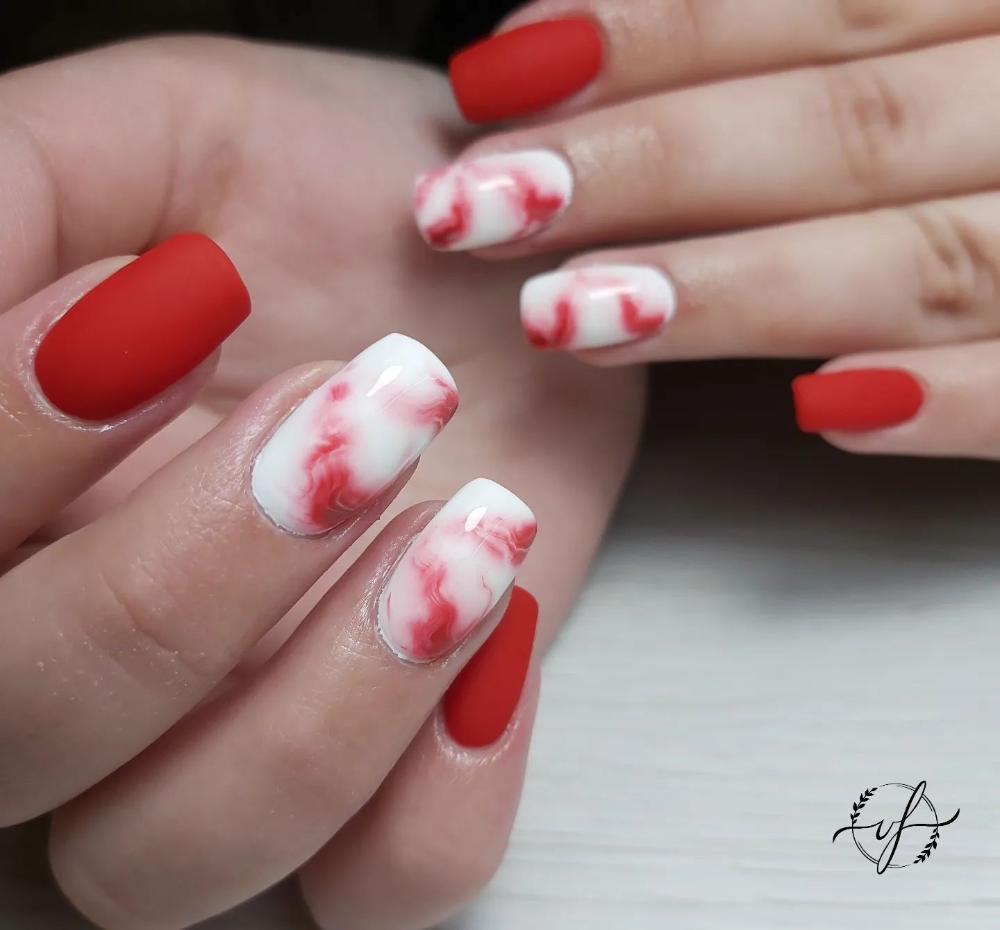 coffin red and white nails