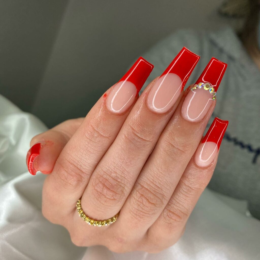 Red French Tip Coffin Nails