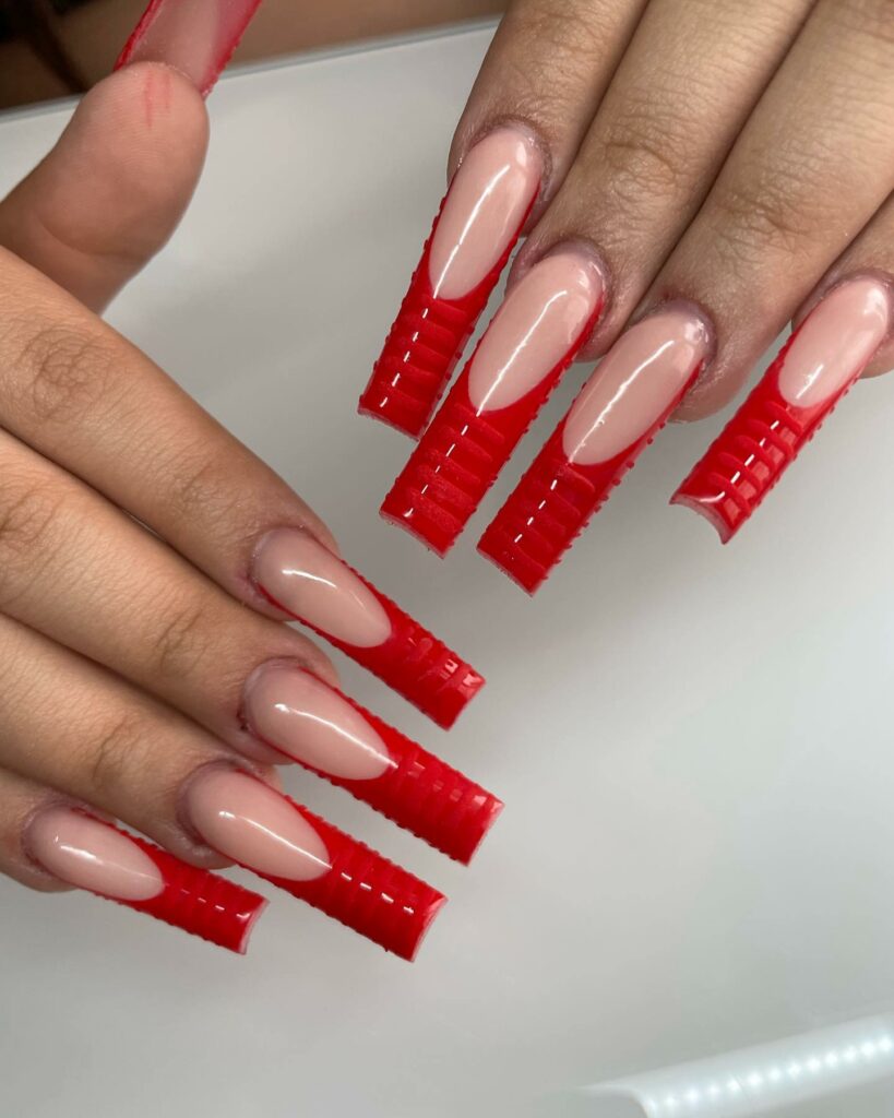 Red French Tip Coffin Nails