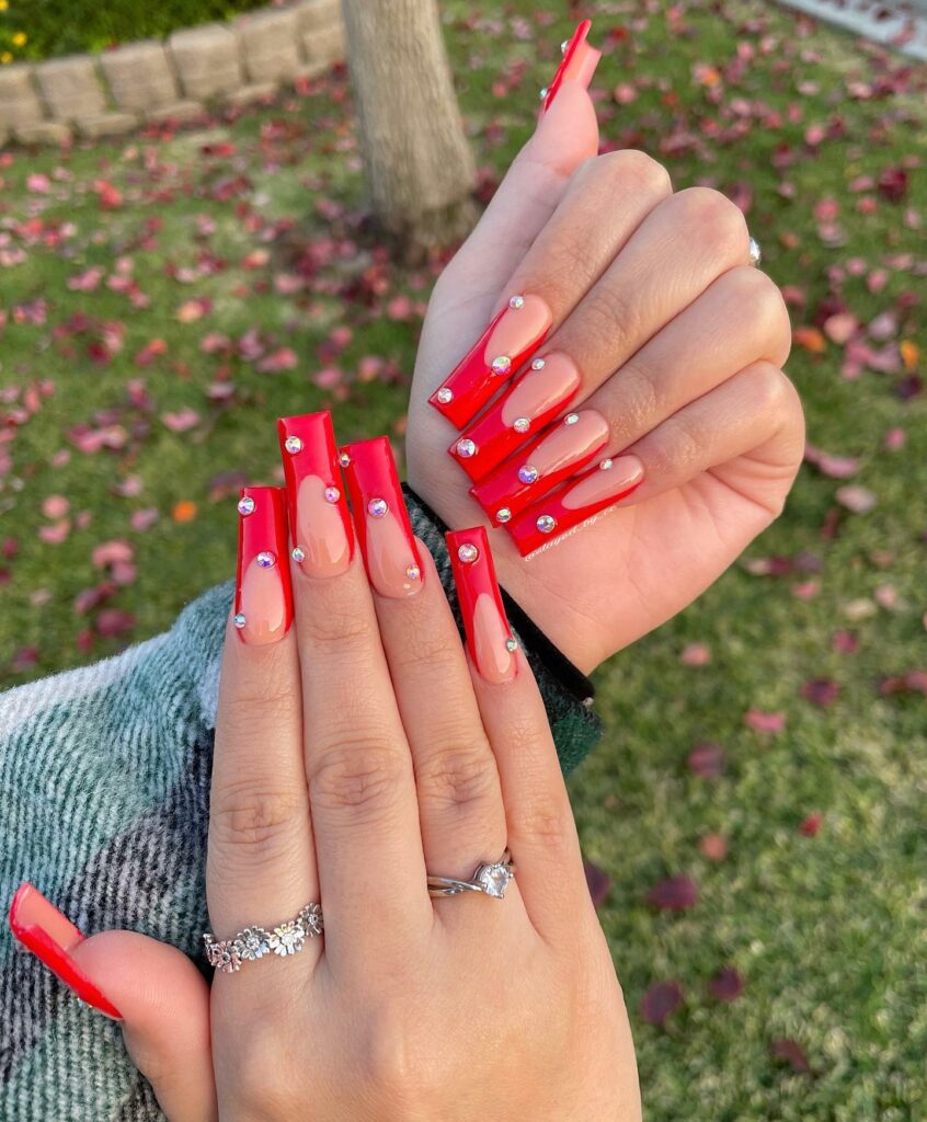 Red French Tip Coffin Nails