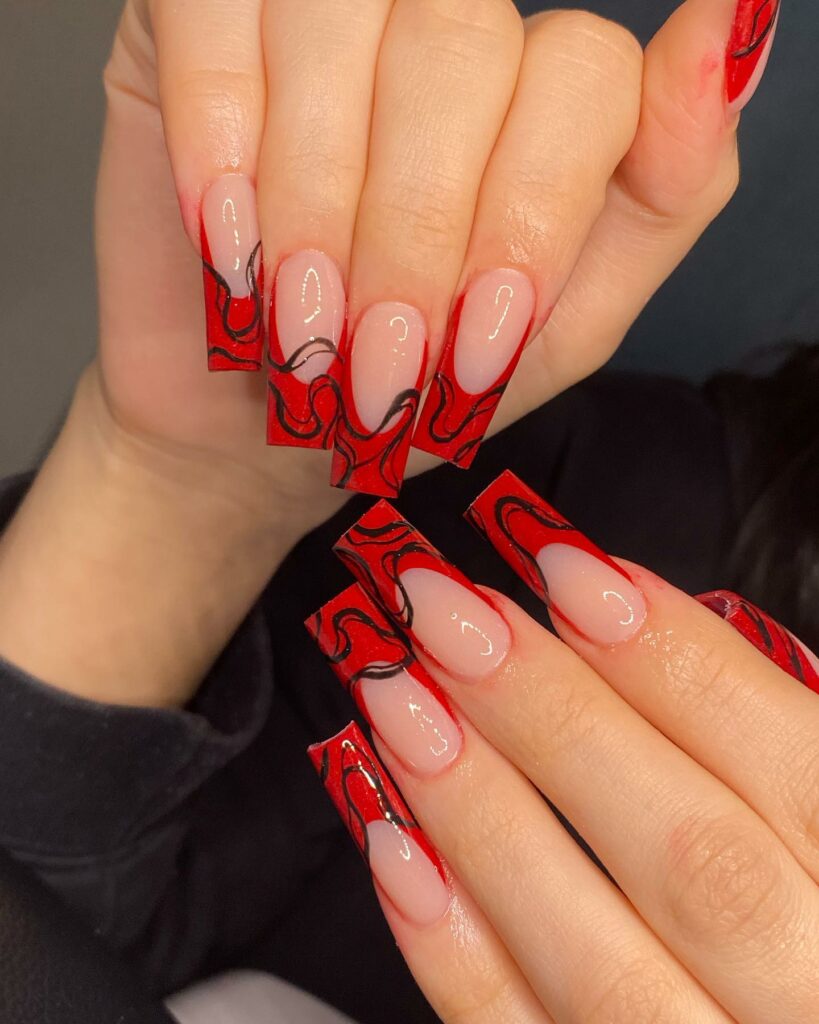 Red French Tip Coffin Nails