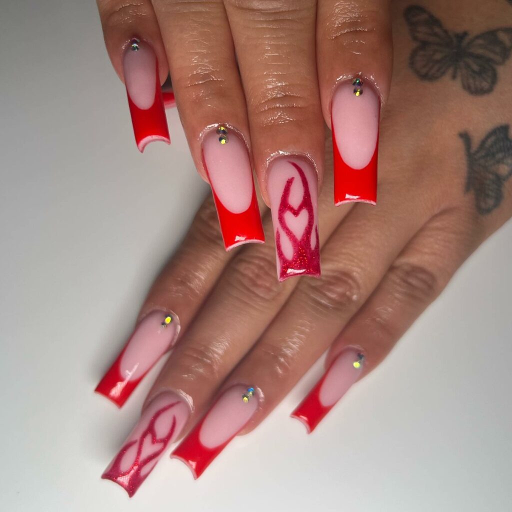 Red French Tip Coffin Nails