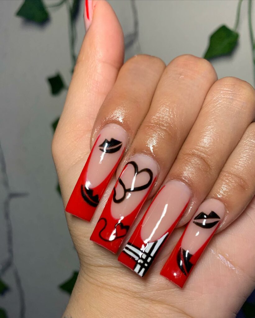 Red French Tip Coffin Nails