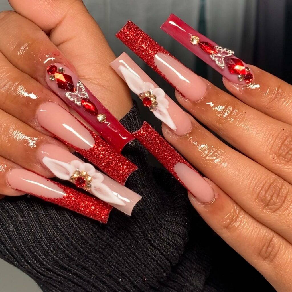 Red French Tip Coffin Nails