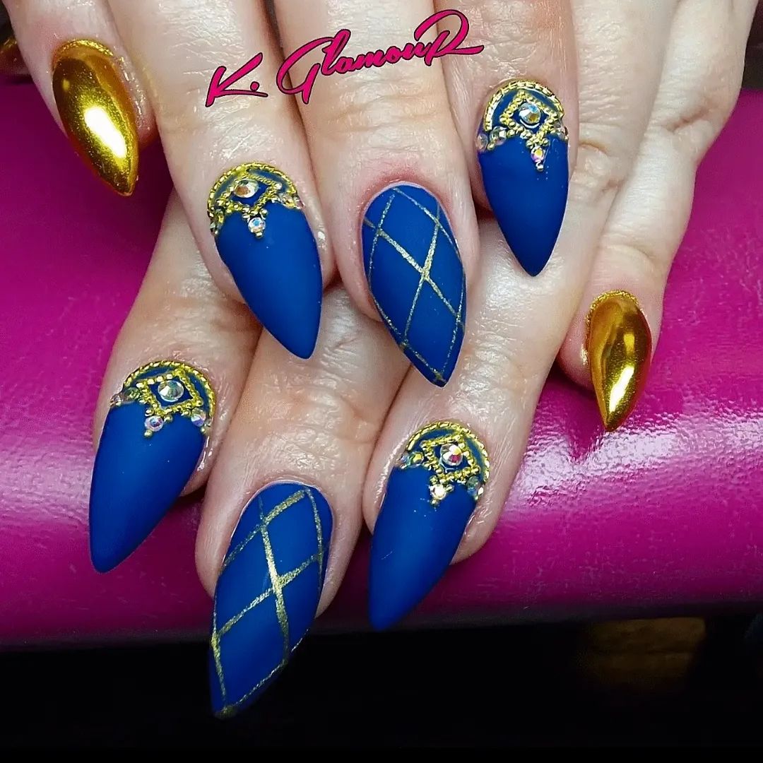 Navy Blue and Gold Nails