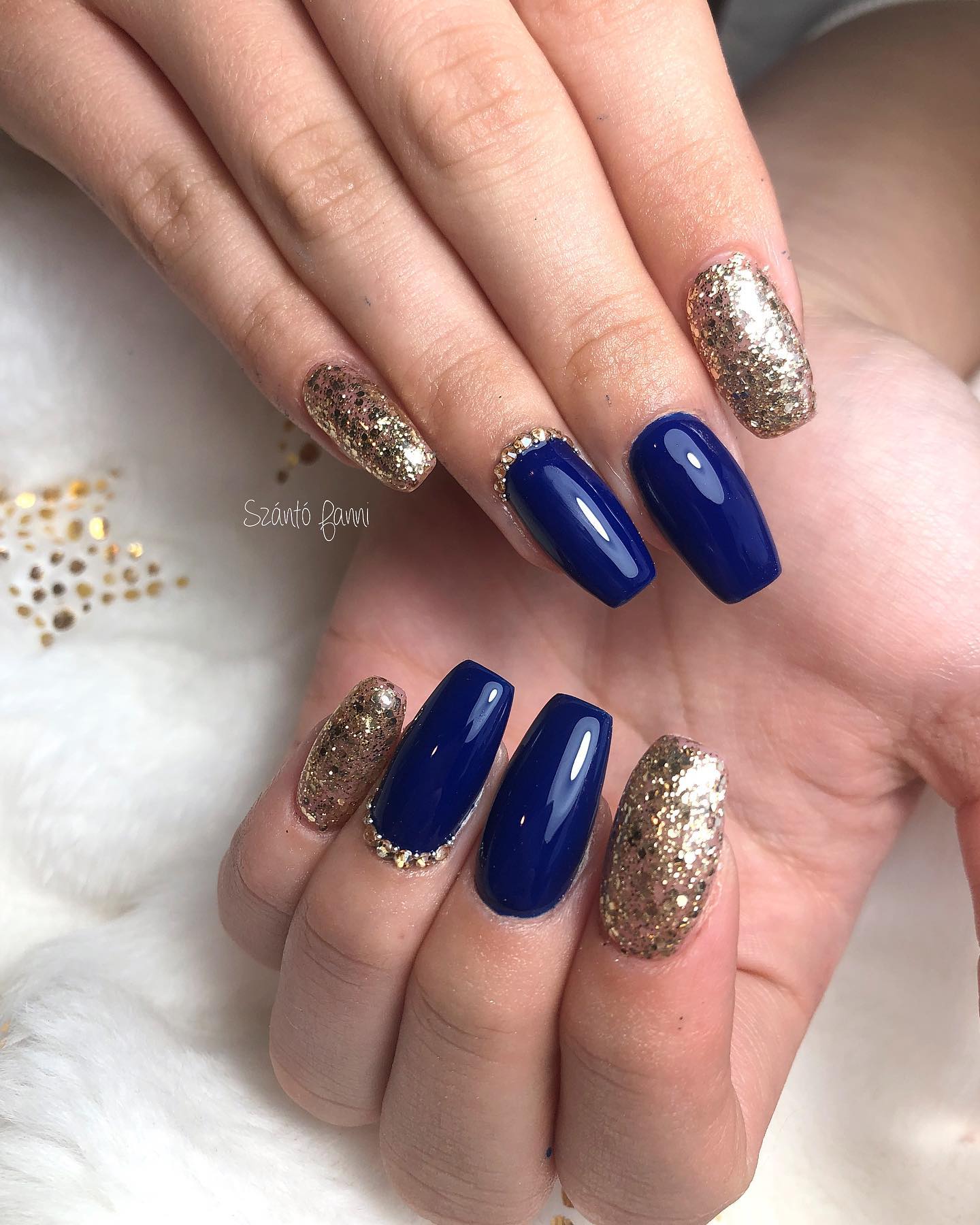 Navy Blue and Gold Nails