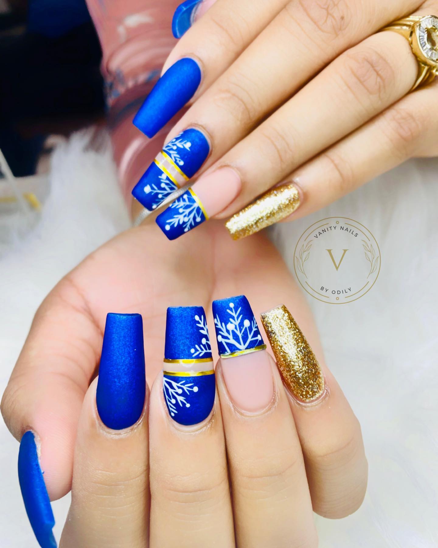 Navy Blue and Gold Nails