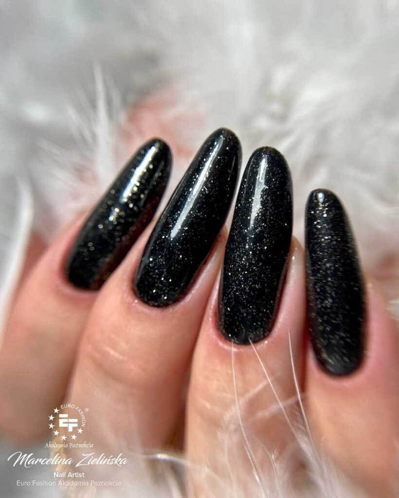 Black Almond Nails with Glitter