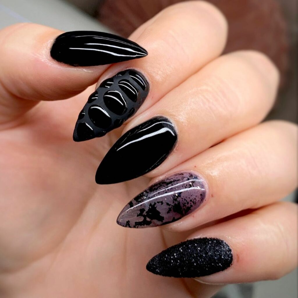 Black Almond Nails with Glitter